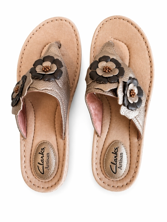 Clarks Shoes - Clarks Artisan Floral Leather Wedge l Sandals Sz.8.5 Taupe Comfort Boho Casual